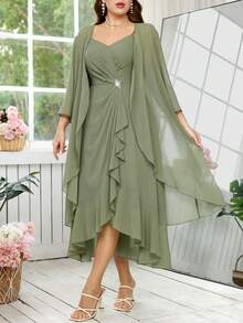 Reflora Plus Size Women's Sage Green Summer Elegant Dress & Robe Set,Ruffle Trim Rhinestone Camisole Dress,Wedding Guest Formal Party Luxury Evening Gown - Green - View 6