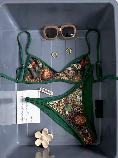 Swim Vcay Women's Elegant And Sexy Leopard Print Micro Bikini Swimsuit Set, Summer Beach Dress, Women's Casual Beach Bikini, Cute Vacation Bikini Set With Animal Print Swimwear.