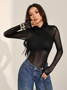 SHEIN PETITE 女款性感純色網紗包臀連身衣，透視長袖上衣，長袖網紗上衣，黑色透視上衣，黑色網紗上衣，秋季，黑色連身衣，小碼女款 - 黑色 - 查看 11