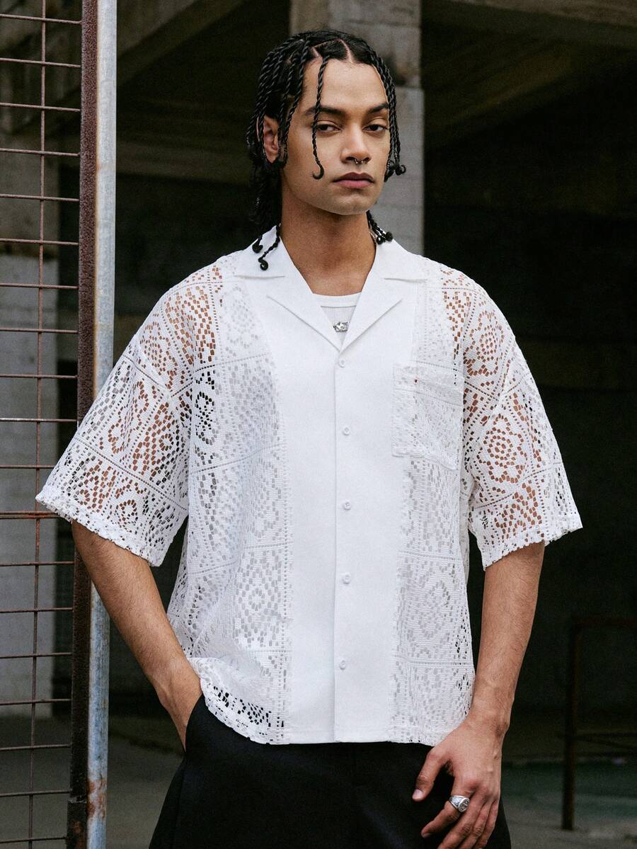 PAVTROS Men's Hollow Out Single-Breasted Casual Versatile Daily Wear Short Sleeve Shirt - Brown - View 1