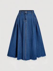 SHEIN MOD Plus Size Solid Color Pocket Fold Pleated Denim Mini Skirt,Fall,Office Gothic Alternative Skirt, Casual,Classy - Dark Wash - View 5