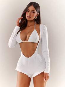 Radiana Women's Sexy Elegant Cute White Bodysuit, Fitted Long Sleeve Ruffle Trim Bodysuit + Bikini Top 2-Piece Set, Jacquard Knit Bodysuit, Vacation Bodysuit, Beachwear, Bikini Cover-Up, Suitable For Island Vacation, Beach, Holiday Outfits - White - View 3