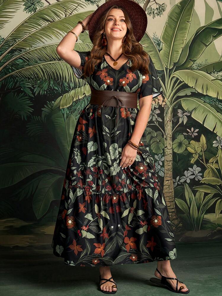 Plus Size Women Floral Print Short Sleeve Casual Dress Summer Outfits Beach Vacation Outfits For Women Floral Dress BOHO Clothes Women's Summer Dresses Plus Size Dress Vacation Casual Resort Wear Women Vacation Dress Women Casual Dresses Summer Outfits For Women Beach Outfit For Women Casual Vacation Outfits Women Country Concert Outfit Peplum