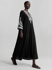 Ontre 2026 SS 新款女裝長洋裝，純色時尚，適合夏季。黑色刺繡圖案，波希米亞風，喇叭袖，燕麥色寬鬆舒適長洋裝，V領，度假穿搭，島嶼度假村，音樂節，女裝外套，下午茶派對，日百搭長洋裝 - 黑色 - 查看 4