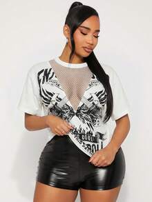 SHEIN SXY Casual Vintage-Inspired Solid Dark Gray Short Sleeve Top, Mesh Patchwork Distressed Guitar Graphic Loose T-Shirt, Versatile Streetwear For Daily Wear/Music Festivals Mesh Shirt Graphic Tees Women Graphic Top Graphic Print T-Shirt Curve Graphic Tshirt Graphic T Shirt,Summer Top - White - View 4