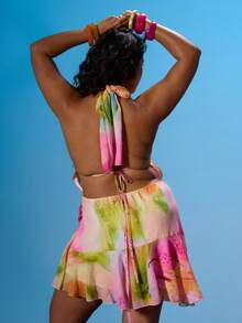 MUSERA Đầm mini cỡ lớn in hoa, cổ yếm, vạt bất đối xứng, thích hợp cho mùa xuân hè, kỳ nghỉ, du lịch biển, phong cách Y2K, Ibiza, dễ thương, gợi cảm, dự tiệc, lễ hội, đám cưới, khách mời, cơn sốt nhiệt đới. - Nhiều màu - Xem 4