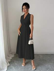 Elenzga 优雅休闲无袖翻领纽扣长连衣裙（女款） - 黑色 - 查看 6