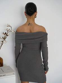 SAYEHFBABY 女士秋冬街头风 Y2K 日常休闲罗纹针织弹力紧身露肩迷你连衣裙 - 灰色 - 查看 2