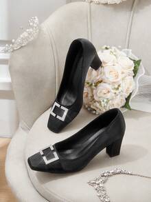 CUCCOO HITCHD French Square Toe High Heel Shoes, New Arrival Chunky Heel Spring/Autumn Mid-Heel Rhinestone Buckle Elegant Pumps Wedding Shoes Spring Shoes Bride Shoes - Black - View 2