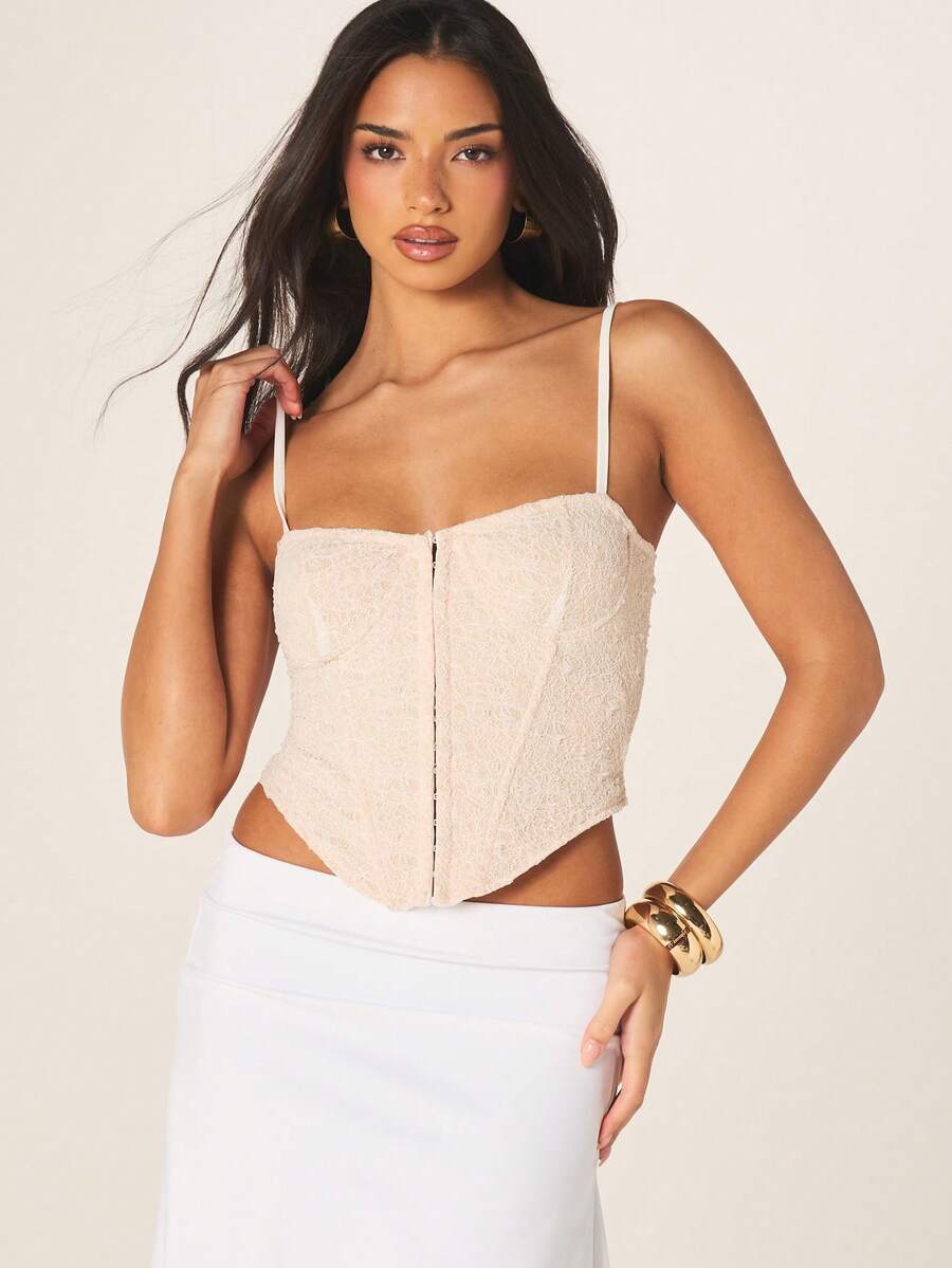MISSGUIDED Lace Strapless Bustier Corset Top With Front Zipper Closure And Thin Adjustable Straps For Summer Evening Night Out Occasions Beige Elegant Sexy - Multicolor - View 1