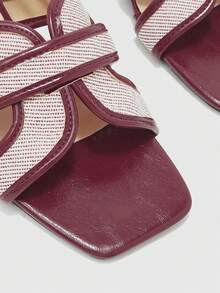 CUCCOO BIZCHIC Square Toe Striped Cross With Thick Heel Versatile Sandals, Square Toe Thick Heel Sandals, Simple And Fashionable Style, Suitable For Daily Wear Or Casual Occasions - Burgundy - View 5