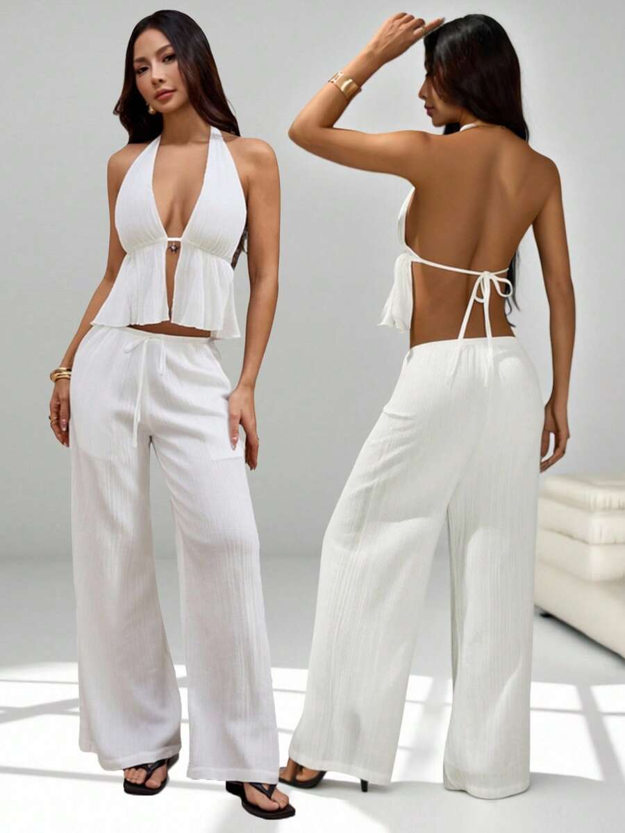 SHEIN PETITE 两件套服装，包括系带露背吊带背心和阔腿抽绳裤，适合夜店、度假、海滩、锐舞派对、夏威夷海岛度假等场合。 - 白色 - 查看 1