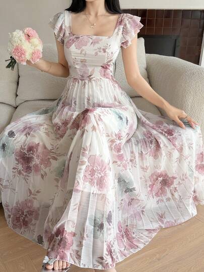 Feyla Đầm nữ in hoa, cổ vuông, tay bồng.