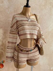 Soleia Women's Striped Asymmetrical Shoulder Long Sleeve Top And Shorts 2-Piece Set - Brown - View 3