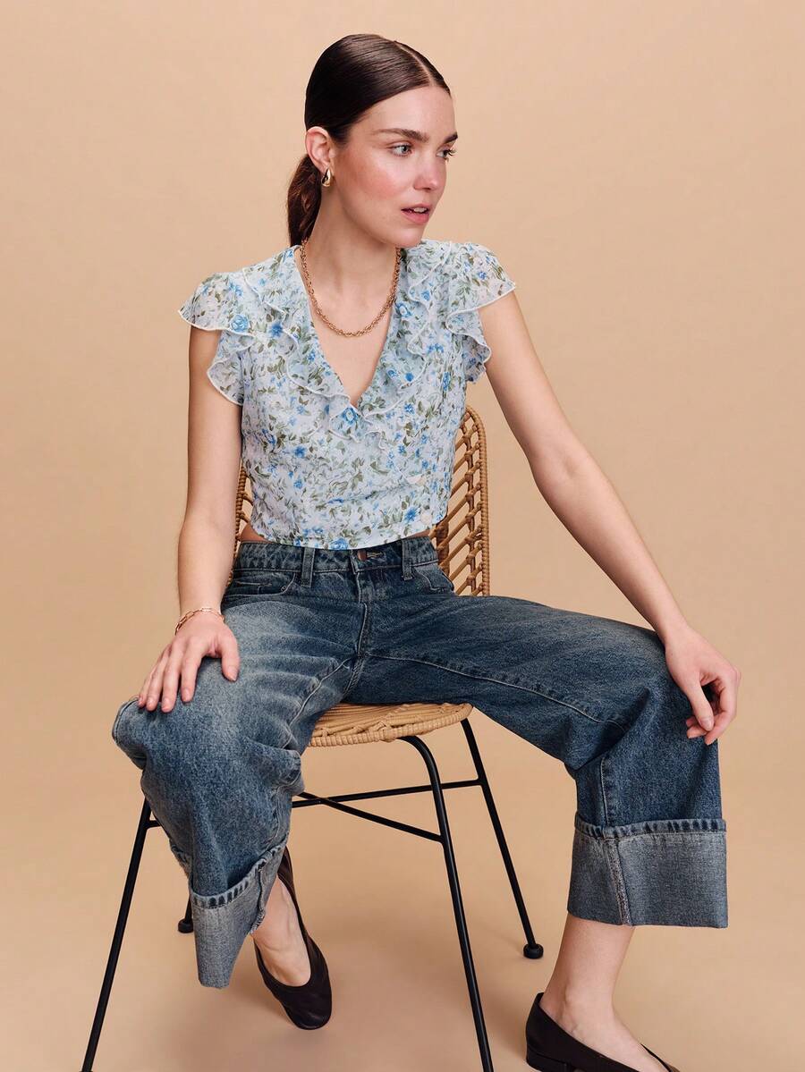 lacRébo Blusa de gasa con estampado floral azul vintage, de manga corta con cuello de volantes, para primavera y verano - Azul - Ver 1