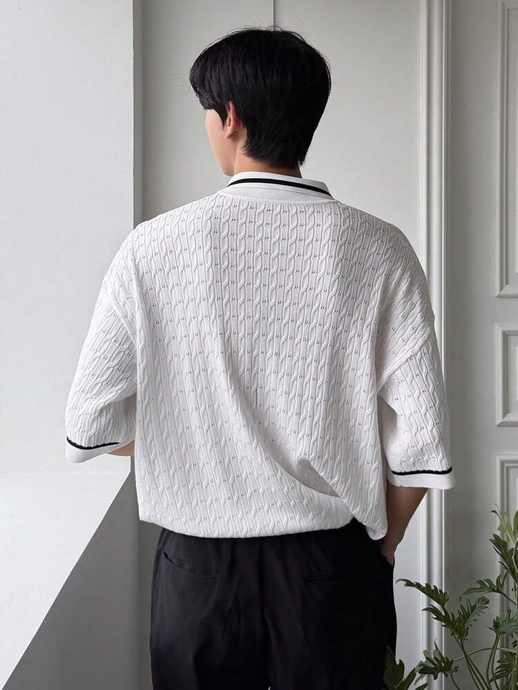 Men's Knit Top With Contrast Color Collar And Cuffs, Summer