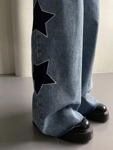 DAZY Quần jeans nữ ống đứng cạp thấp in hình ngôi sao bên hông, kiểu dáng thường ngày. - Rửa trung bình - Xem 3