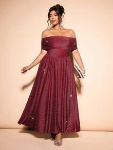 Cravure Elegantes Abendkleid, Off-Shoulder, Glitzer, Große Größen - Bordeaux - Übersicht 8