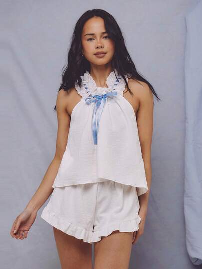 Athîral 女士休闲露肩系带白色上衣短裤睡衣套装，宽松版型，舒适柔软