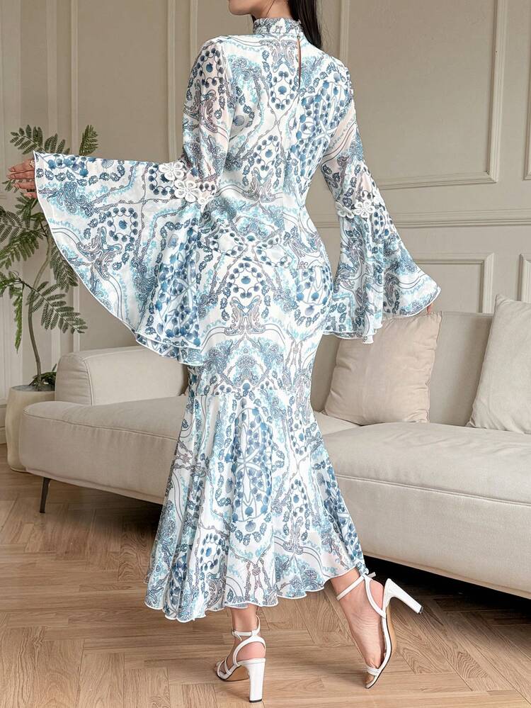 Women's Elegant 2-Piece Set: Mandarin Collar Flare Sleeve Top And Mini Skirt With Cashew Pattern Summer