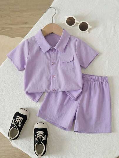 SHEIN 两件套男/女婴紫色纹理衬衫领短袖短裤套装，适合宝宝夏季玩耍、度假、野餐等各种场合穿着，方便实用。