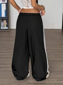 Muchica 條紋圖案側腰部抽繩闊腿褲 - 黑色 - 查看 2