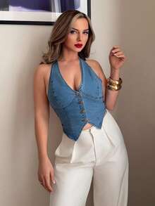 Jeta Ari Women's Casual Halter Neck Back Tie Front Button Denim Blouse For Summer - Light Wash - View 6