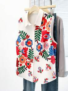 GlowEve CURVE Damen Große Größen Boho Blumen Muster Ärmellos Bluse, Sommer Kragen Einreihig Locker Urlaubs Bluse - Verschiedenfarbig - Übersicht 4