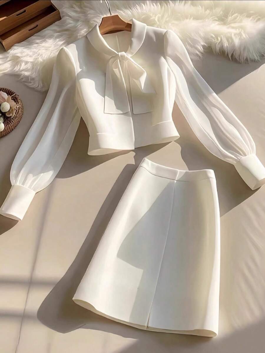 DAZY Women's Elegant Commuter Solid Color Tie Collar Blouse And Skirt 2 Pieces Set - White - View 1