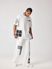 Tetris™ X SHEIN 男士休闲几何印花T恤和裤子套装，夏季 - 米色 - 查看 5
