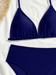 SHEIN Teen Girls Solid Navy Blue Knit Bikini Set,Halter Neck Triangle Bottoms,Preppy Style Soft Swimwear For Summer,Beach,Holiday,Pool Parties And Vacation - Blue - View 3