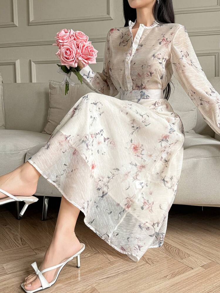 Women's Floral Print Loose Mandarin Collar Shirt And Loose Long Skirt Elegant Vacation Style 2-Piece Set