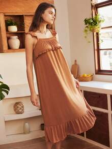 Lullawish Bohemian Ruffle Hem Casual Vacation Comfortable Loose Long Dress For Women - Rust Brown - View 1