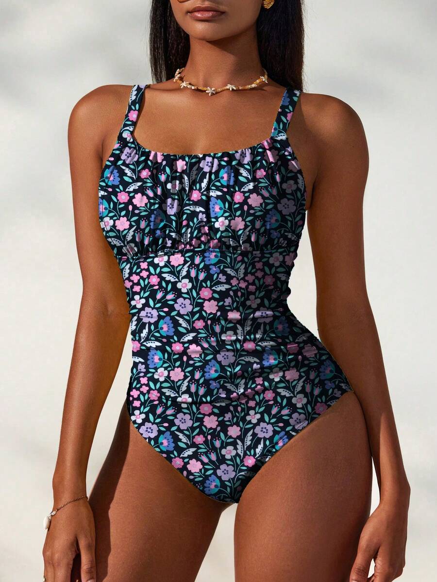Swim Mod Damen Ditsy Floral geraffter Badeanzug, modisch für den Urlaub - Mauve - Übersicht 1