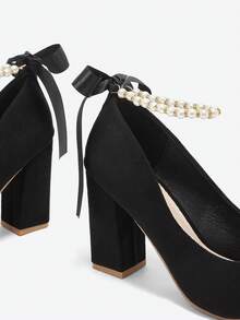 秋冬季时尚仿珍珠蝴蝶结尖头高跟鞋，适合婚礼季、优雅派对等场合 - 黑色 - 查看 4