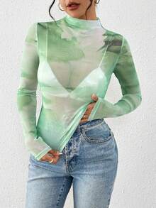 SHEIN Clasi Áo kiểu nữ thời trang gợi cảm in họa tiết tie-dye, cổ đứng, chất liệu xuyên thấu. - Màu xanh Cadet - Xem 3