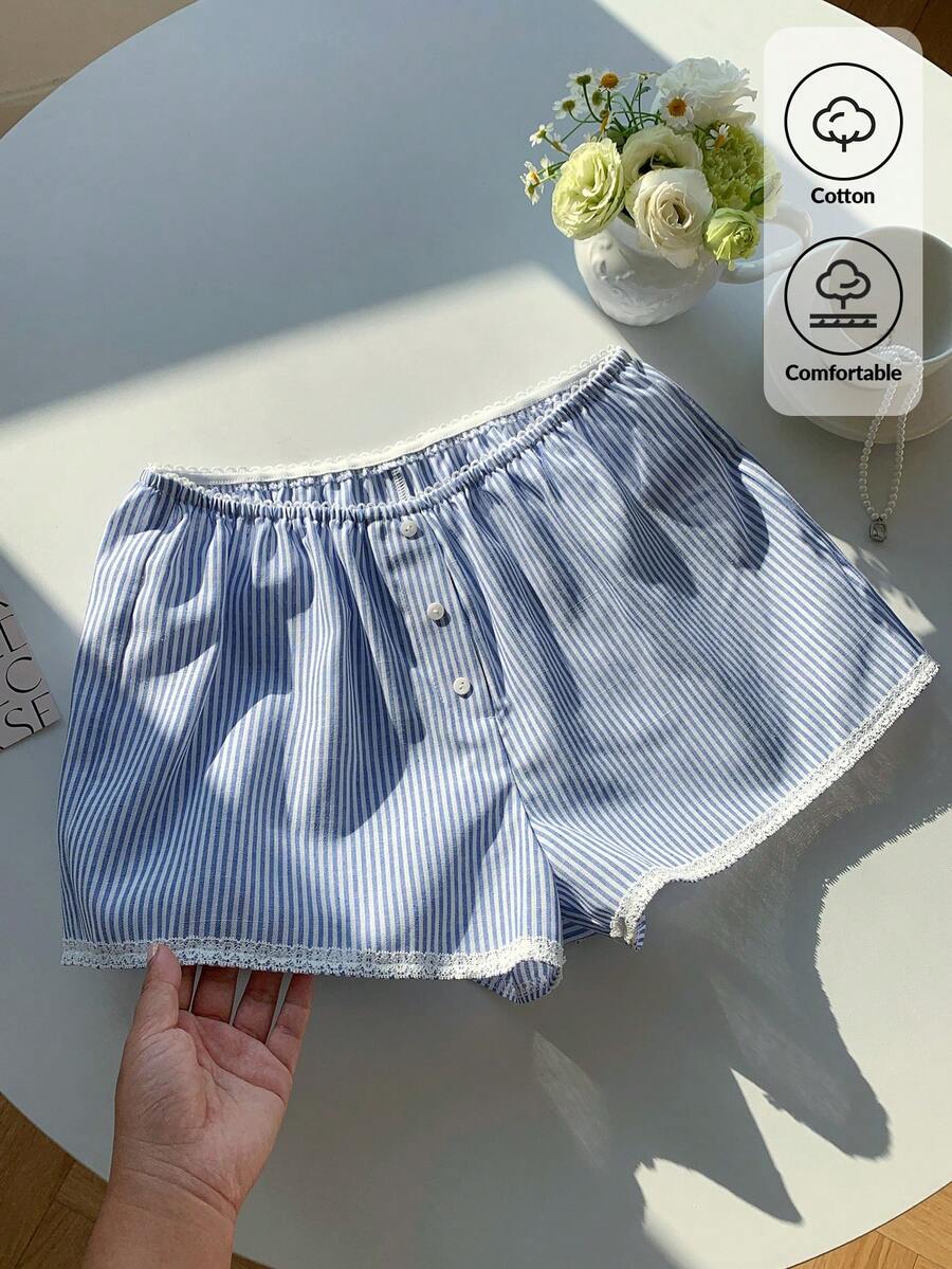 Comfortcana Quần short nữ kẻ sọc bằng vải lanh, thiết kế cài nút, dáng rộng, kiểu dáng thường ngày, màu xanh dương, hàng mới về 2026, thích hợp cho mùa xuân/hè, đi biển, nghỉ mát, dạo phố, ngày Valentine. - Màu xanh lam - Xem 1
