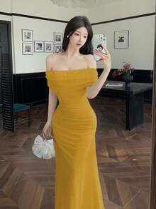 Modelyn 女士露肩褶皱腰身优雅婚礼/场合礼服 - 芥末黃 - 查看 8