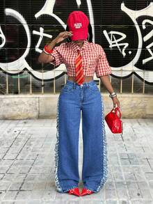 Slaydiva 女士高腰侧边破洞阔腿牛仔裤 - 藍色 - 查看 7