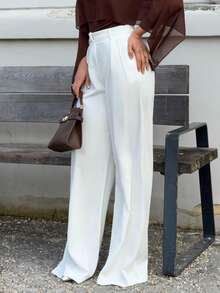 Jeta Ari 女士简约时尚白色阔腿裤，适合通勤，白色阔腿裤，高腰阔腿裤，白色西装裤，秋冬季。 - 白色 - 查看 5