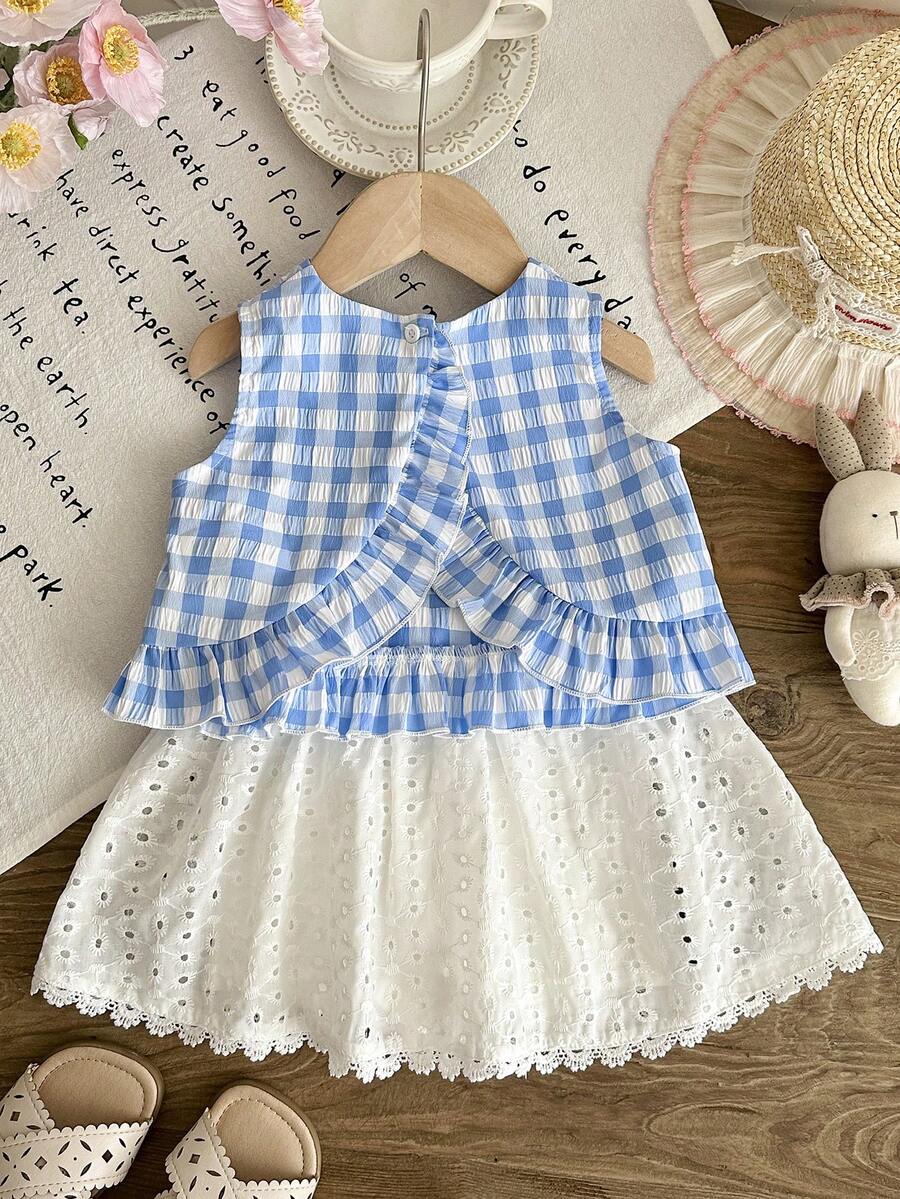 LMoss Kids Bộ 2 món áo ba lỗ và chân váy kẻ caro dệt cho bé gái, cổ tròn, kiểu dáng thường ngày. - Nhiều màu - Xem 1