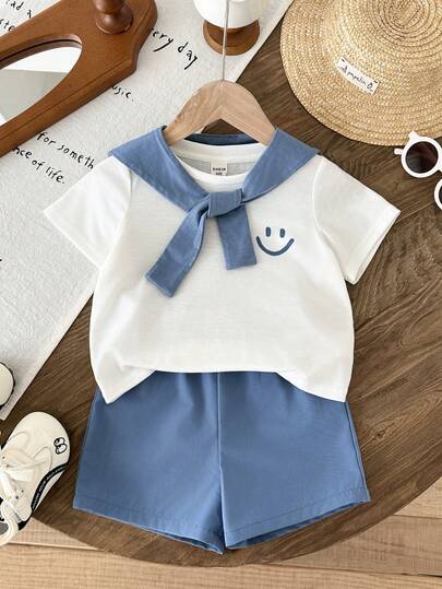 LMoss Kids 男婴针织纯色圆领T恤、披肩和短裤三件套