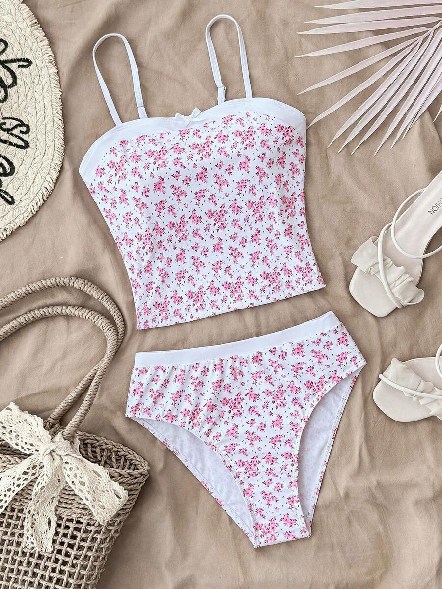 SHEIN 少女碎花吊带比基尼套装,适合海滩度假的保守泳装套装 - 粉色 - 查看 1