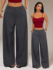 SHEIN PETITE 女士商务休闲裤 女士西式服装 女士阔腿裤 女士办公室服装 宽松裤 专业女士服装 办公室着装 灰色女士正装裤 灰色裤子 高腰裤 2000年代风格褶皱裤 - 深灰色 - 查看 1