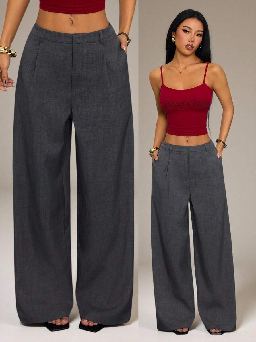 SHEIN PETITE 女士商务休闲裤 女士西式服装 女士阔腿裤 女士办公室服装 宽松裤 专业女士服装 办公室着装 灰色女士正装裤 灰色裤子 高腰裤 2000年代风格褶皱裤 - 深灰色 - 查看 1