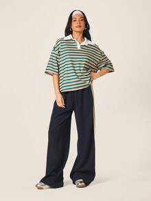 MISSGUIDED Women's Oversized Striped Polo Short Sleeve Collared Top With Horizontal Multi Color Pattern Casual Summer Retro Vintage Style Teal Cream - Green - View 3