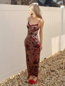 Sydney Algeri Floral Print Maxi Dress With Lace Trim Spaghetti Strap Bodycon Long Dress, Elegant Curve-Hugging Dress For Women, Vacation Dress, Valentine's Day Date Dress, Bridesmaid Mini Dress, Printed Dress,Valentine's Day,Valentine Outfits For Women Party - Khaki - View 3