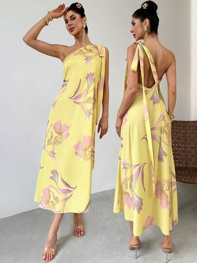 Firerie 女士纯色休闲吊带露背印花宽松夏威夷度假连衣裙，奶油黄夏季连衣裙，波西米亚风女装