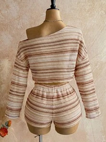 Soleia Women's Striped Asymmetrical Shoulder Long Sleeve Top And Shorts 2-Piece Set - Brown - View 2