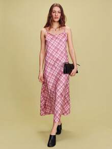 lacRébo 缎面斜裁格纹长款连衣裙，双肩带设计，打造夏日春夏造型，展现法式巴黎风情，适合度假、休闲、节日等多种场合。粉色格纹连衣裙，尽显优雅气质。 - 粉色 - 查看 5